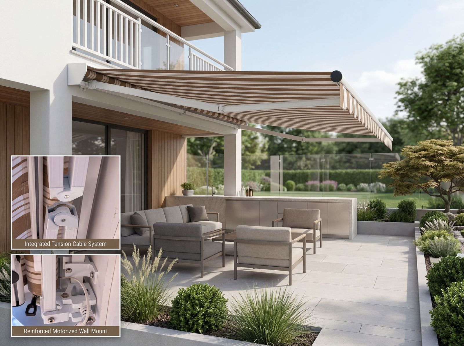 Legend awning extended over a residential patio, with inset detail views of the tension cable system and reinforced motorized wall mount