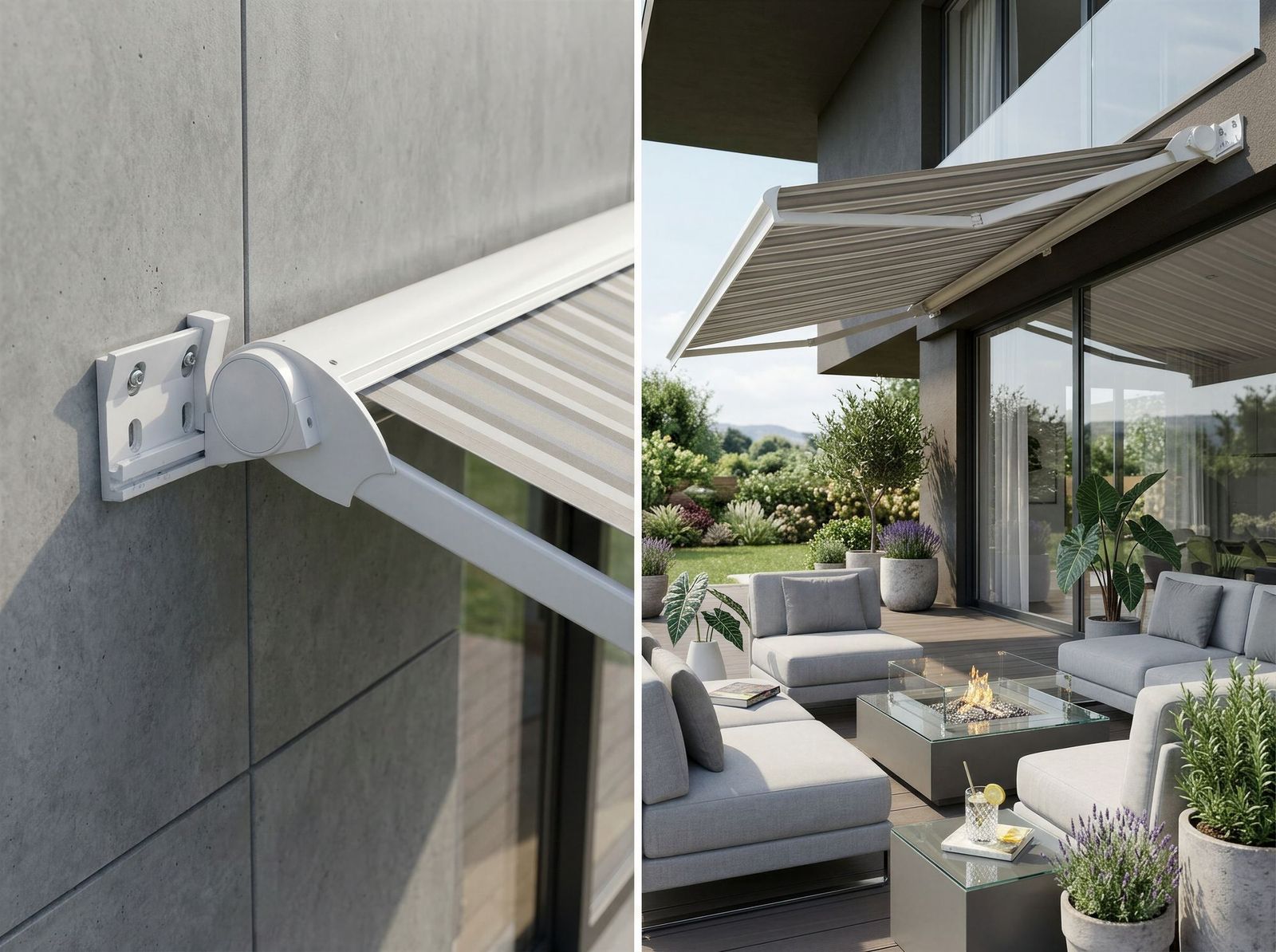 Close-up of the Salute reinforced motorized wall mount bracket, alongside the awning extended over a modern outdoor lounge