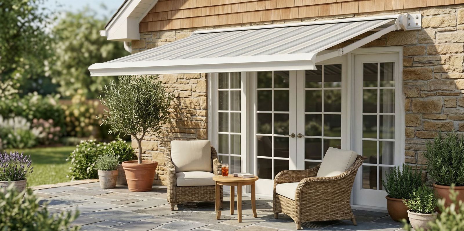 Salute awning shading a stone patio with French doors, potted olive trees and wicker seating