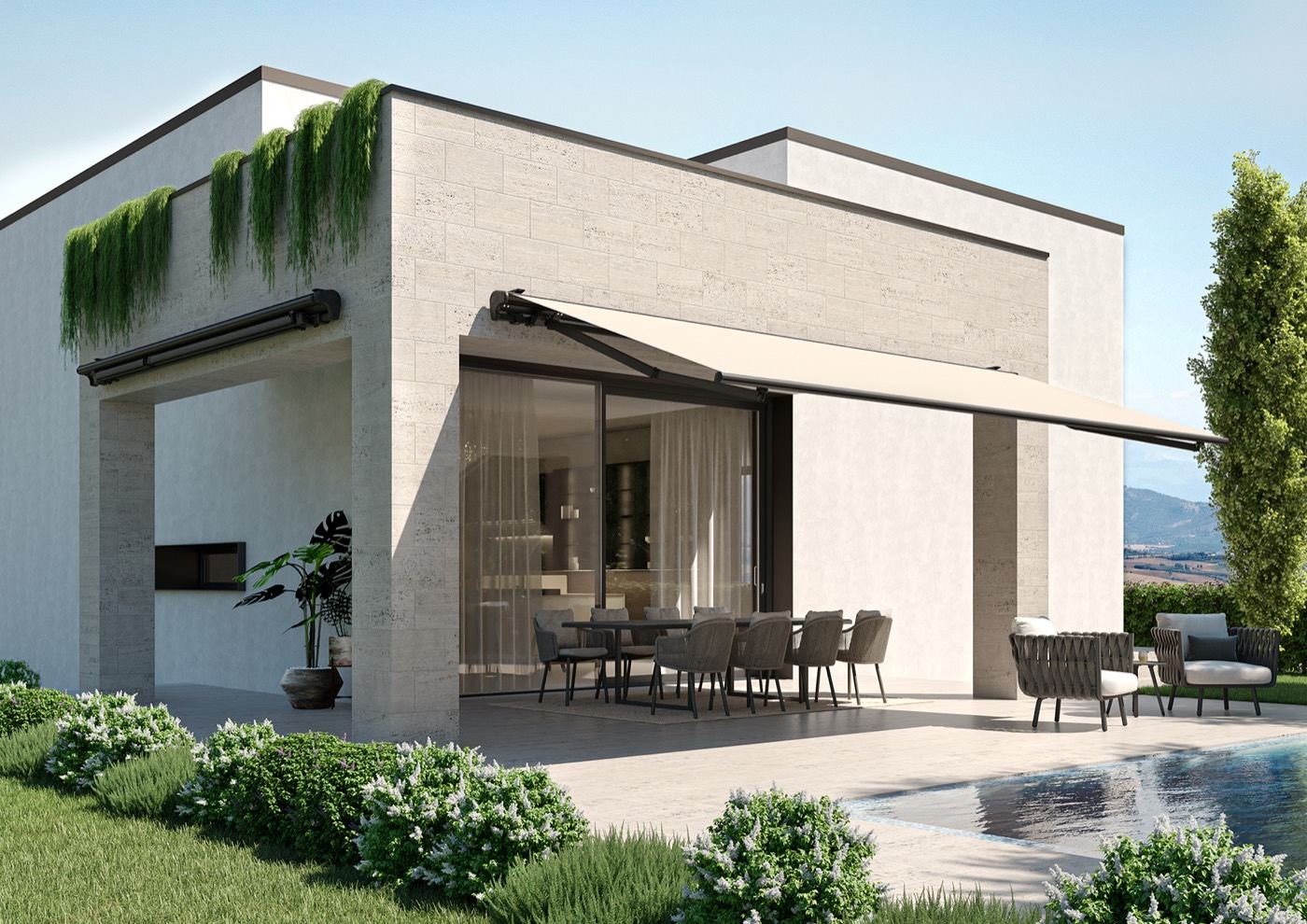Valor half-cassette folding-arm retractable awning extended over a patio