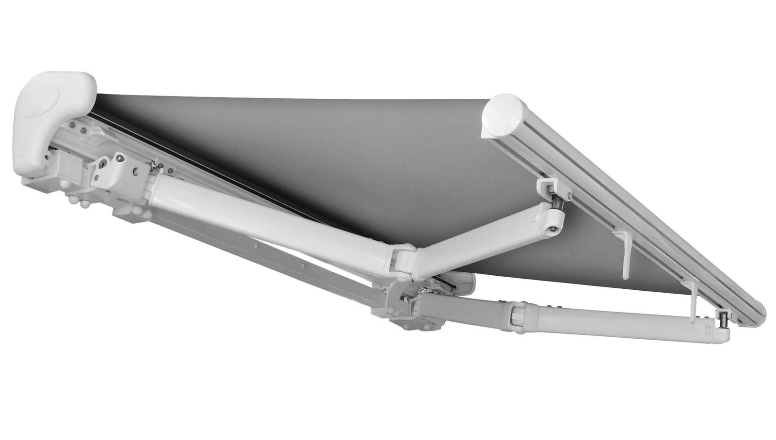 Valor awning extended over a patio, showing the half cassette and folding belt arms