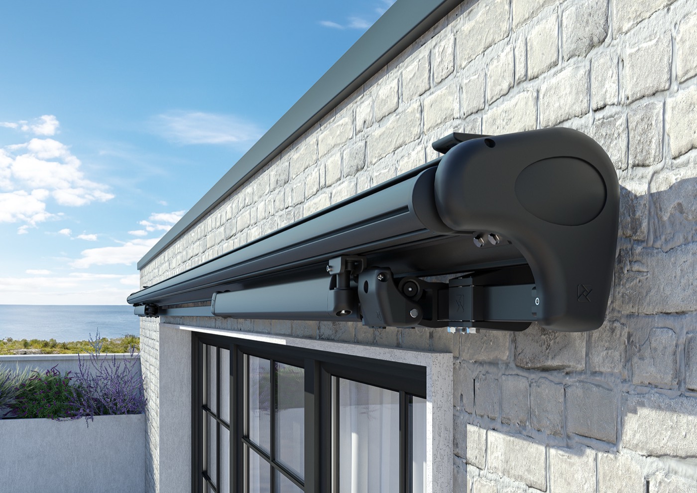 Close-up of the Valor tipping bracket, the patented mechanism that sets the awning pitch without acting on the cassette